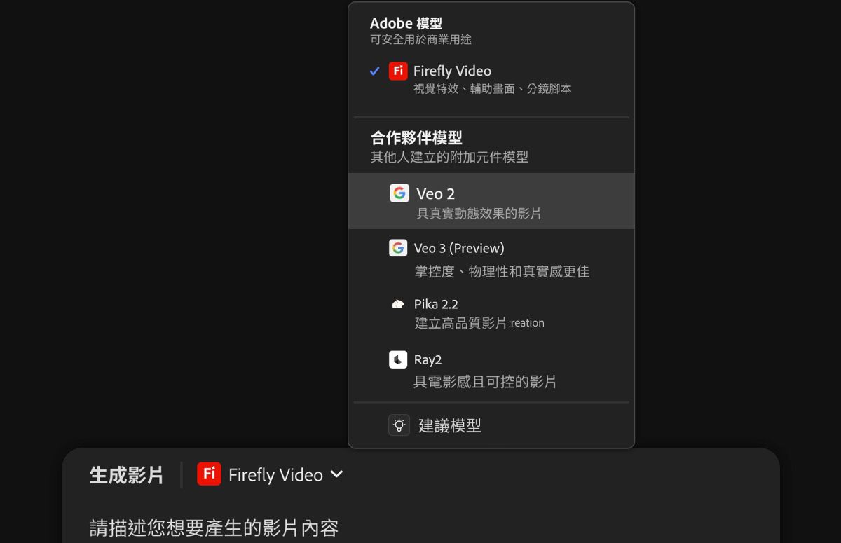 文字提示列為開啟狀態，已新增文字說明，並選取合作夥伴模型 Veo 2 作為影片模型。