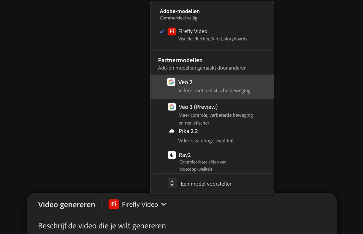 De tekstopdrachtbalk is geopend, er wordt een tekstbeschrijving toegevoegd en er is een model van een partner (Veo 2) geselecteerd als het videomodel.