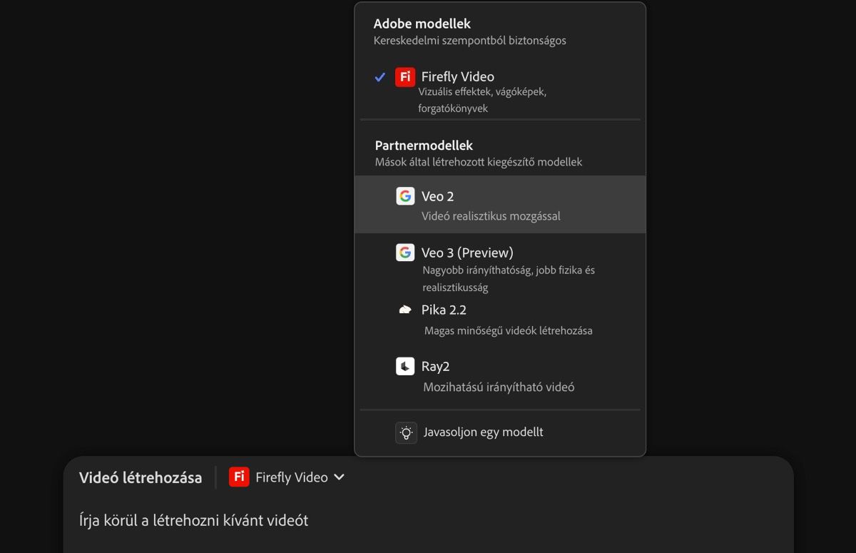 A szöveges utasítás sáv nyitva van, egy szöveges leírás hozzáadásra került, és videómodellként egy partnermodell – Veo 2 – van kiválasztva.