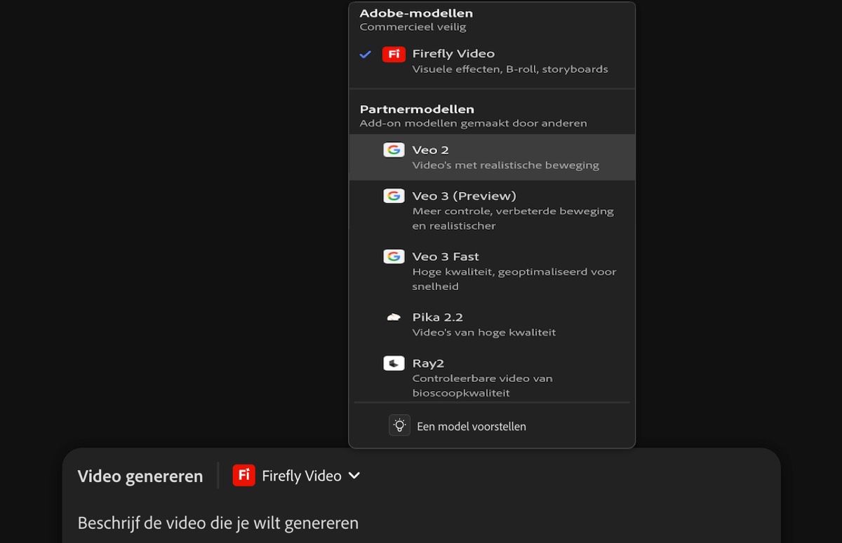 Tekstpromptfeltet åbnes, der er tilføjet en tekstbeskrivelse og en partnermodel - Veo 2 er valgt som videomodel.