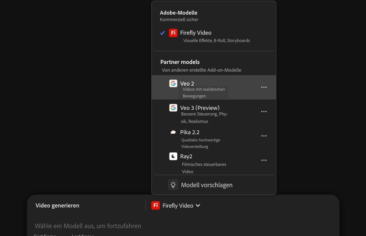 Die Eingabeaufforderungsleiste ist geöffnet, eine Textbeschreibung wird hinzugefügt und ein Partnermodell - Veo 2 wird als Videomodell ausgewählt.
