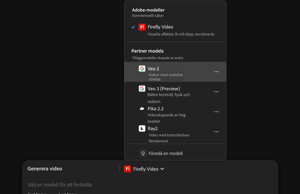 Textinmatningsfältet är öppet, en textbeskrivning läggs till och en partnermodell – Veo 2 – väljs som videomodell.