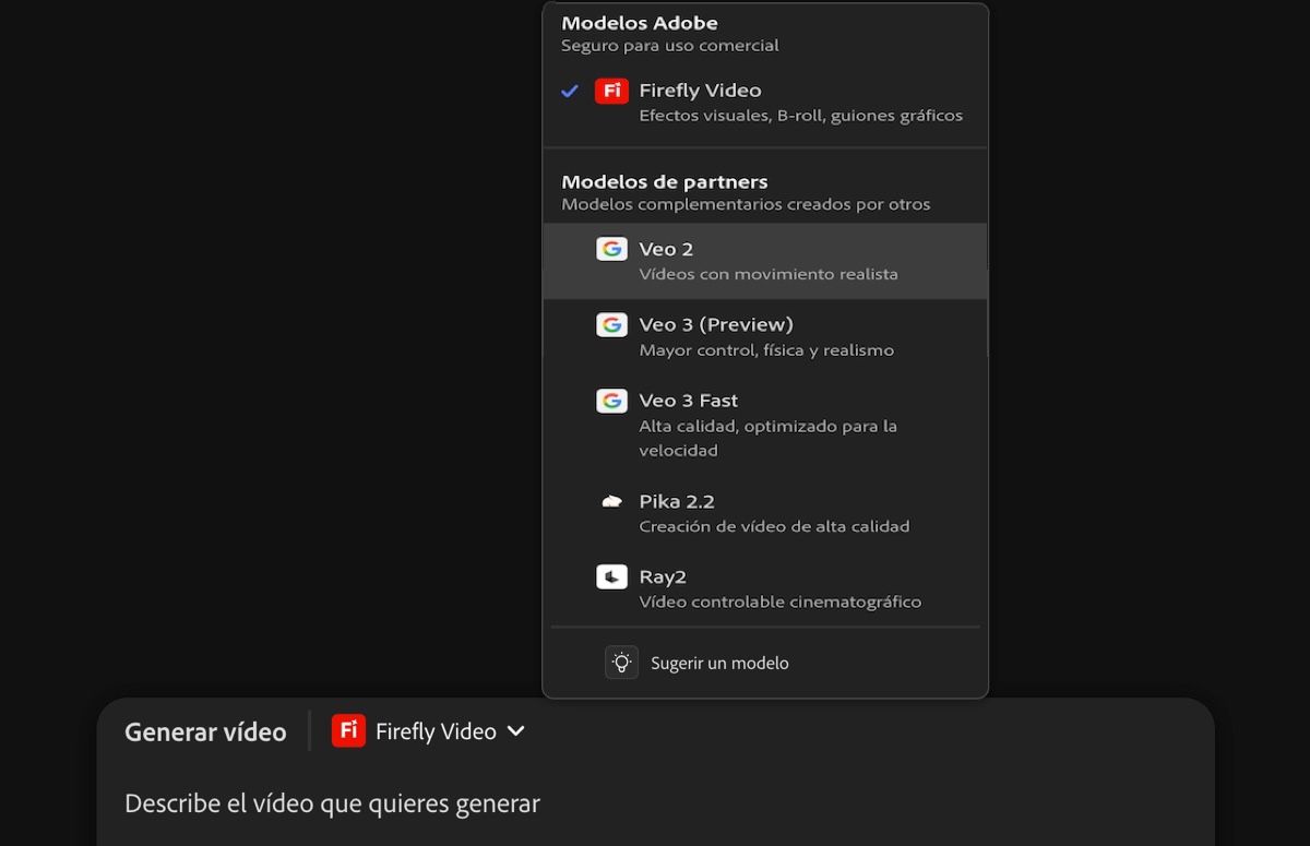 La barra de indicaciones de texto se abre, se añade una descripción de texto y se selecciona un modelo de partner; Veo 2 está seleccionado como modelo de vídeo.