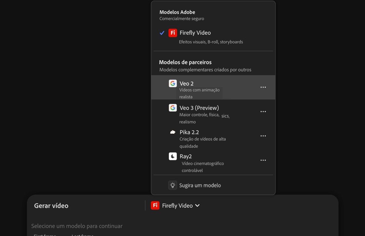 A barra de prompt de texto está aberta, uma descrição de texto é adicionada e um modelo parceiro, Veo 2, está selecionado como modelo de vídeo.