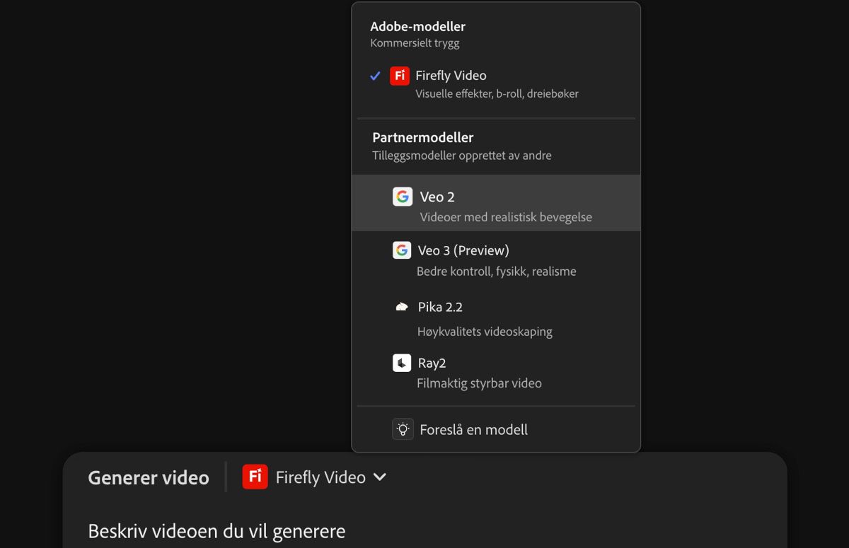 Hjelpetekstlinjen er åpen, en tekstbeskrivelse er lagt til, og en partnermodell, Veo 2, er valgt som videomodell.