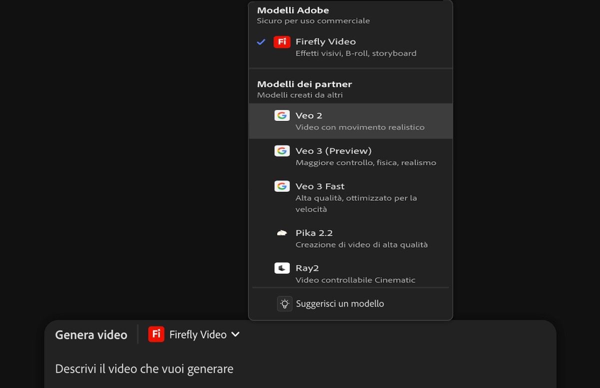 La barra del prompt di testo è aperta, è stata aggiunta una descrizione di testo ed è selezionato un modello partner (Veo 2) come modello video.
