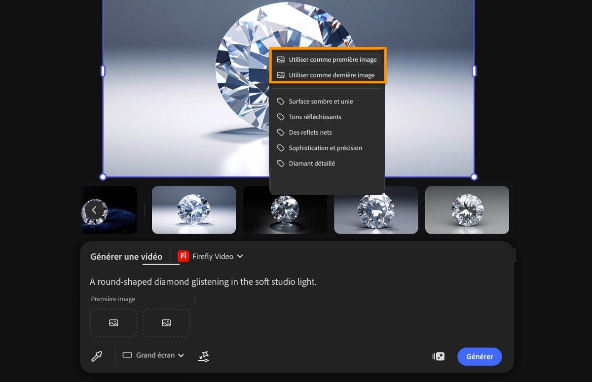 L’image sur la zone de travail est sélectionnée et l’option Créer un échantillon depuis la zone de travail est utilisée pour la définir comme première ou dernière image pour la génération vidéo.