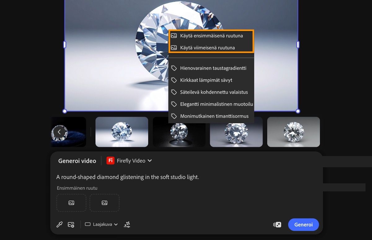 Piirtoalueen kuva on valittuna, ja se määritetään generoitavan videon ensimmäiseksi tai viimeiseksi ruuduksi Näyte piirtoalueelta -toiminnolla.