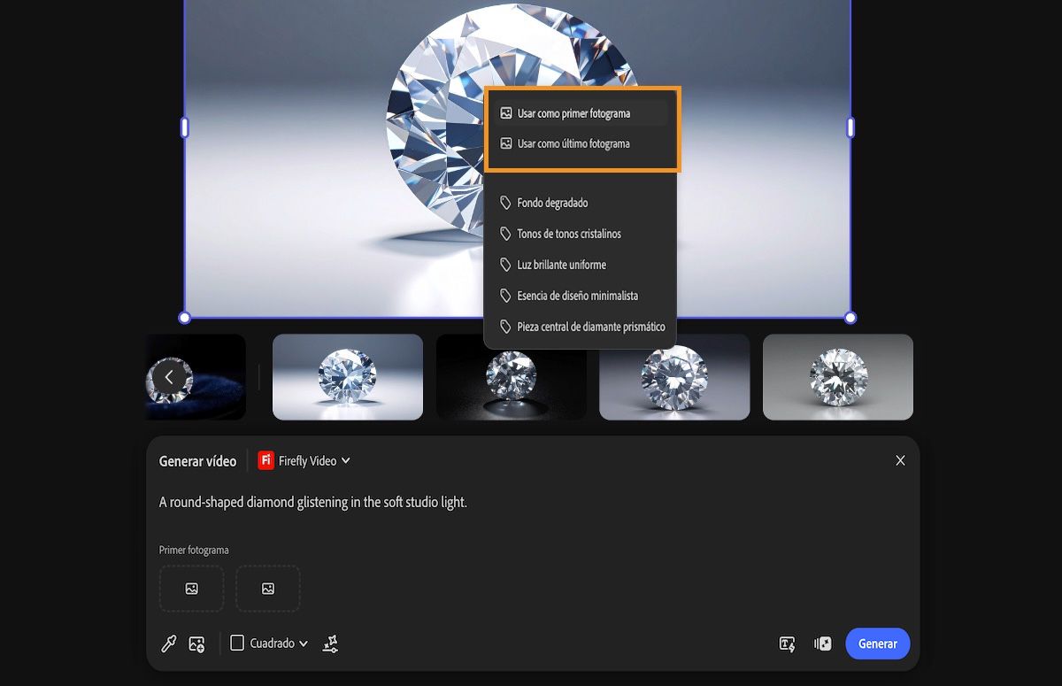 Se selecciona la imagen del lienzo y se utiliza Tomar muestra del lienzo para especificarla como el primer fotograma o el último para la generación de vídeo.