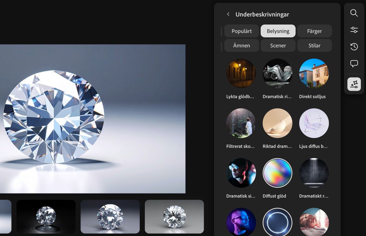 Ikonen Genereringsinställningar är vald och från panelen är alternativet Bläddra under Delbeskrivningar öppen. Det finns en lista med kategorier att bläddra bland och välja som delbeskrivningar för videogenereringen.