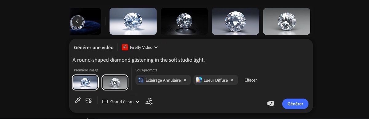 La barre de prompt textuel est ouverte. Elle fournit des options permettant d’ajouter une description de texte, de choisir un modèle de génération d’images ou de vidéos et de définir le rapport L/H.