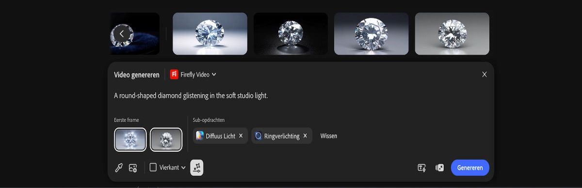De tekstopdrachtbalk is geopend en biedt opties om een tekstbeschrijving toe te voegen, een model voor het genereren van afbeeldingen of video's te kiezen en de beeldverhouding in te stellen.