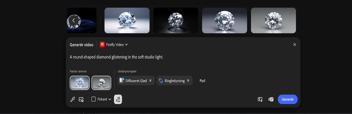 Tekstpromptlinjen er åben, og der er indstillinger til at tilføje en tekstbeskrivelse, vælge et billede eller en videogenereringsmodel og angive formatforholdet.