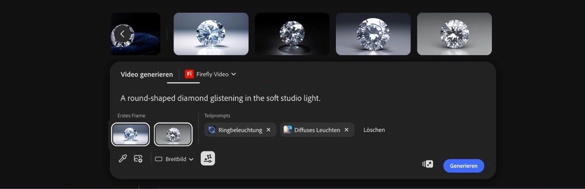 Die Eingabeaufforderungsleiste ist geöffnet und bietet Optionen zum Hinzufügen einer Textbeschreibung, zum Auswählen eines Bild- oder Videogenerierungsmodells und zum Festlegen des Seitenverhältnisses.