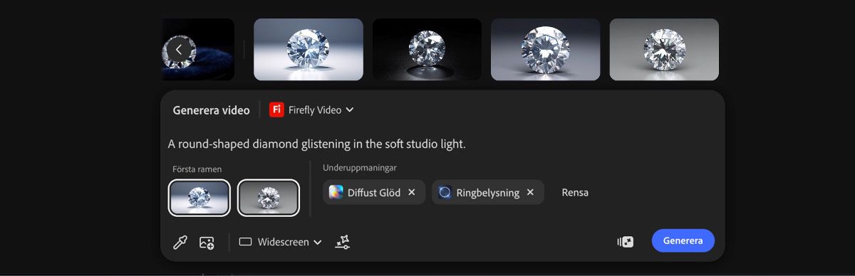 Textinmatningsfältet är öppet och ger alternativ för att lägga till en textbeskrivning, välja en bild- eller videogenereringsmodell och ange bildförhållande.