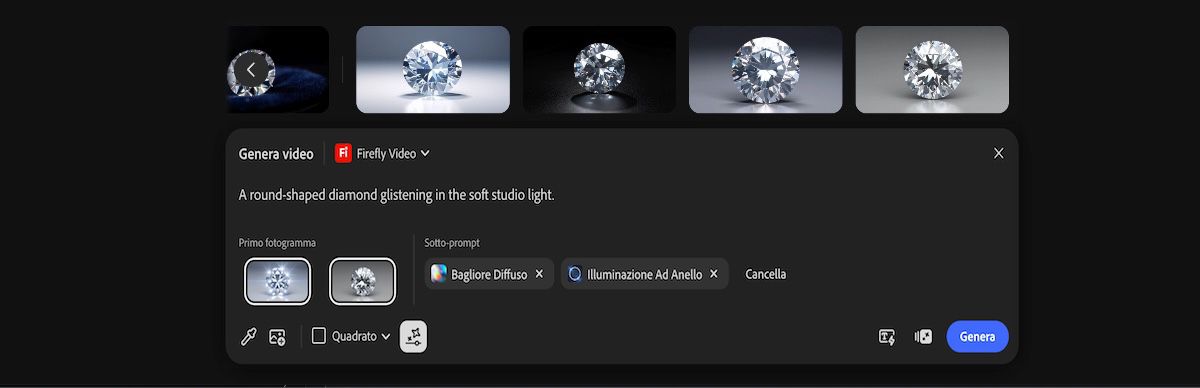 La barra dei prompt di testo è aperta e fornisce le opzioni per aggiungere una descrizione di testo, scegliere un modello di generazione di immagini o video e impostare le proporzioni.
