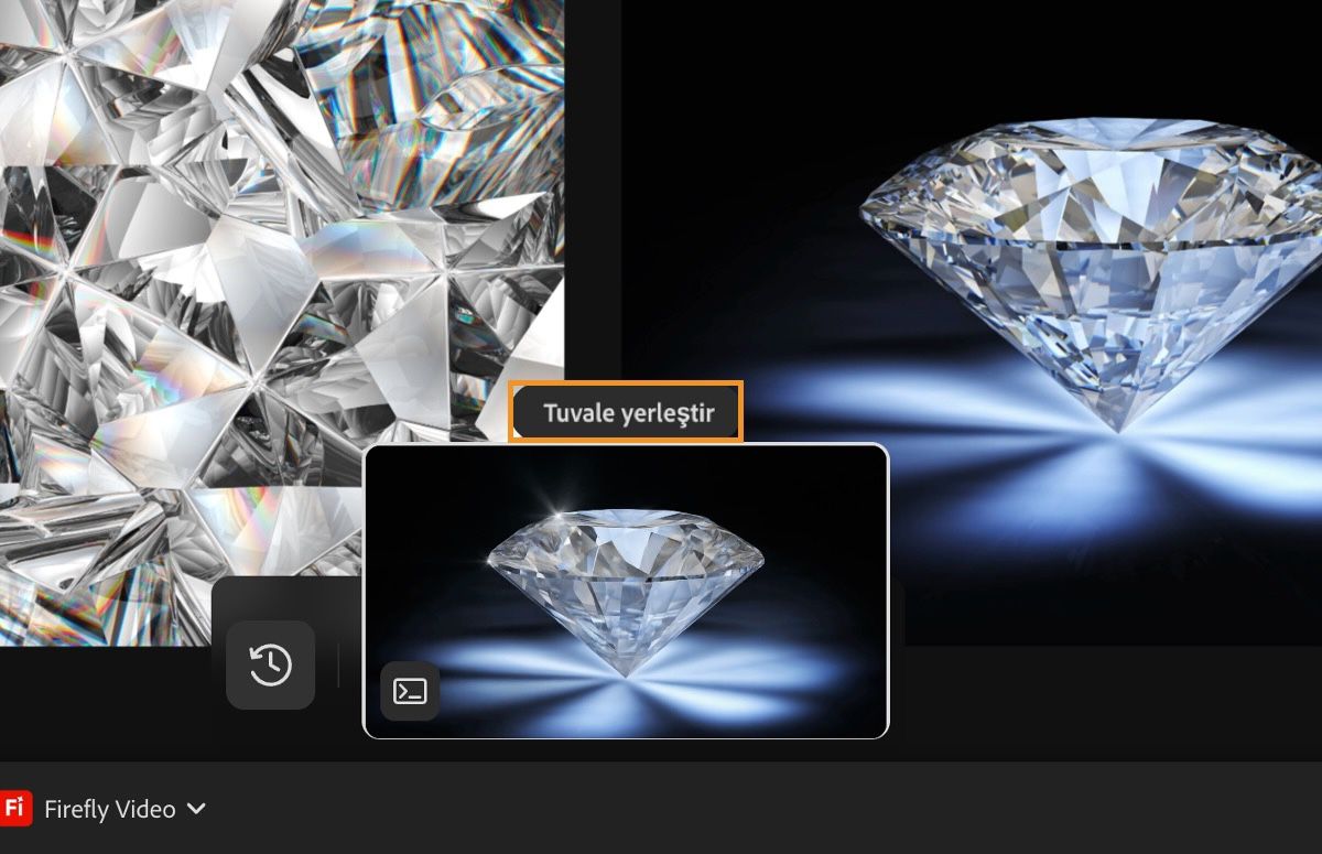 Oluşturulan video vurgulanır ve tuvale eklemek için 'Tuval Üzerine Yerleştir' seçeneği bulunur.