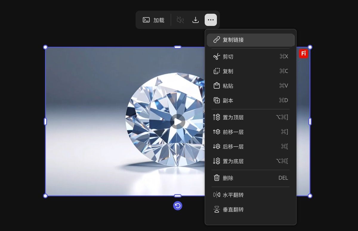 画布上视频的编辑选项包括排列其顺序，以及剪切、粘贴或复制。