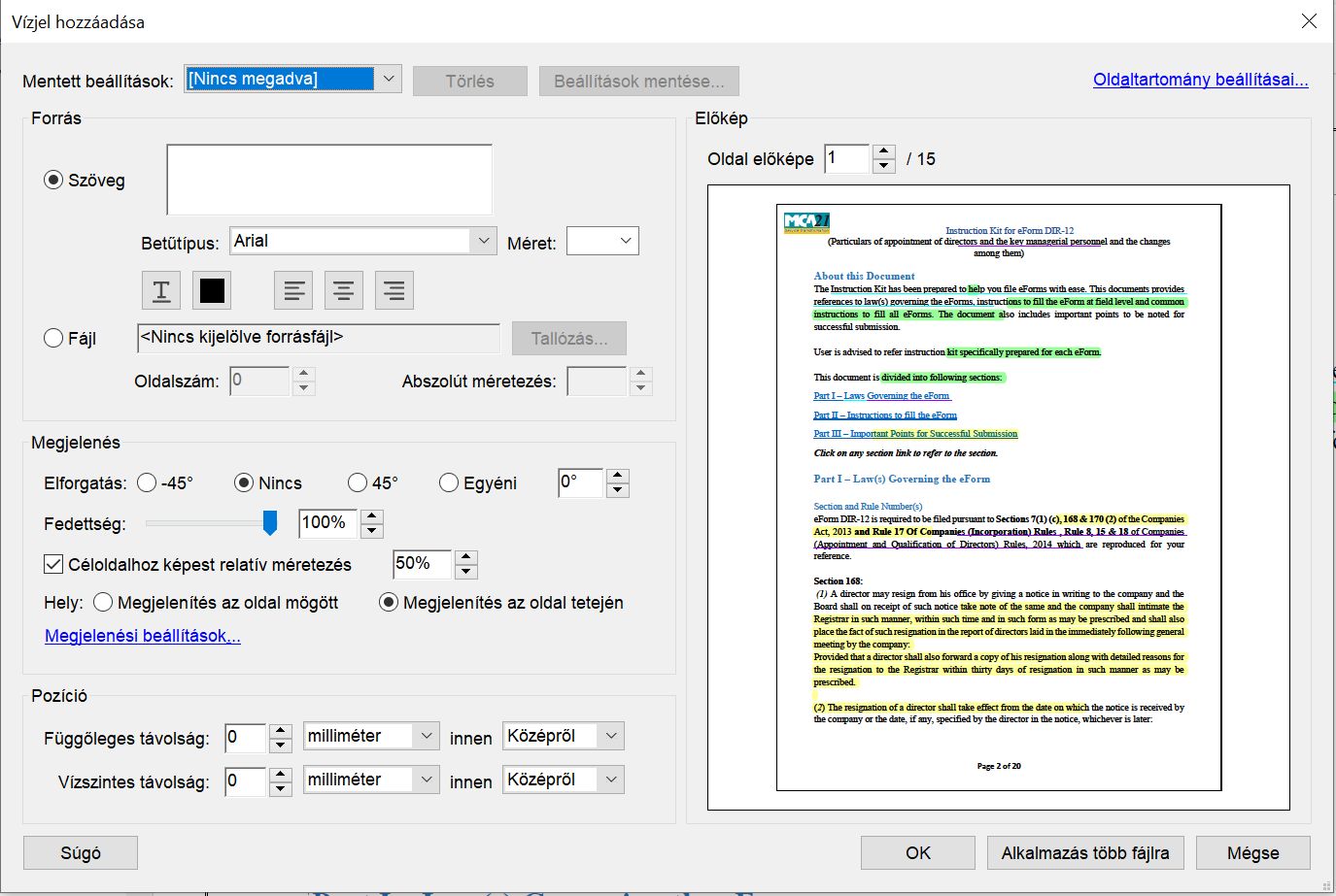 Vízjel hozzáadásának beállításai ablak
