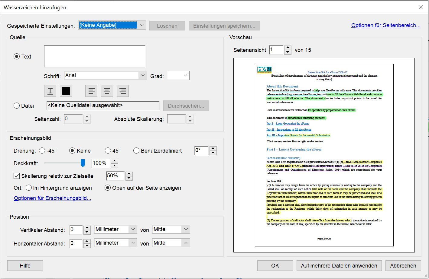 Fenster mit Einstellungen für „Wasserzeichen hinzufügen“