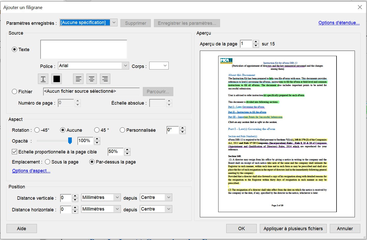 Fenêtre des paramètres Ajouter un filigrane