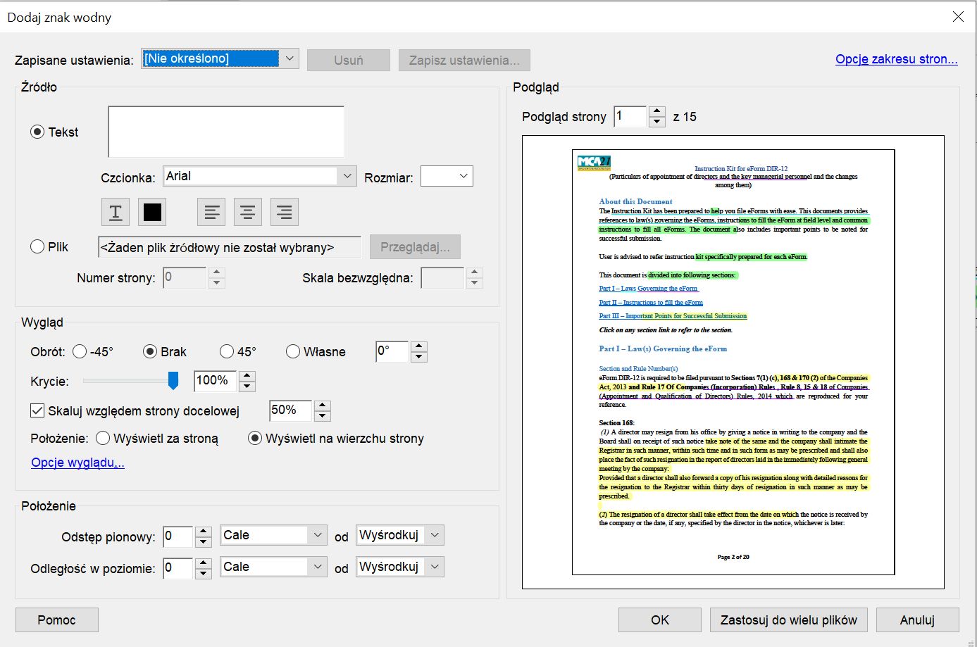 Okno ustawień dodawania znaku wodnego