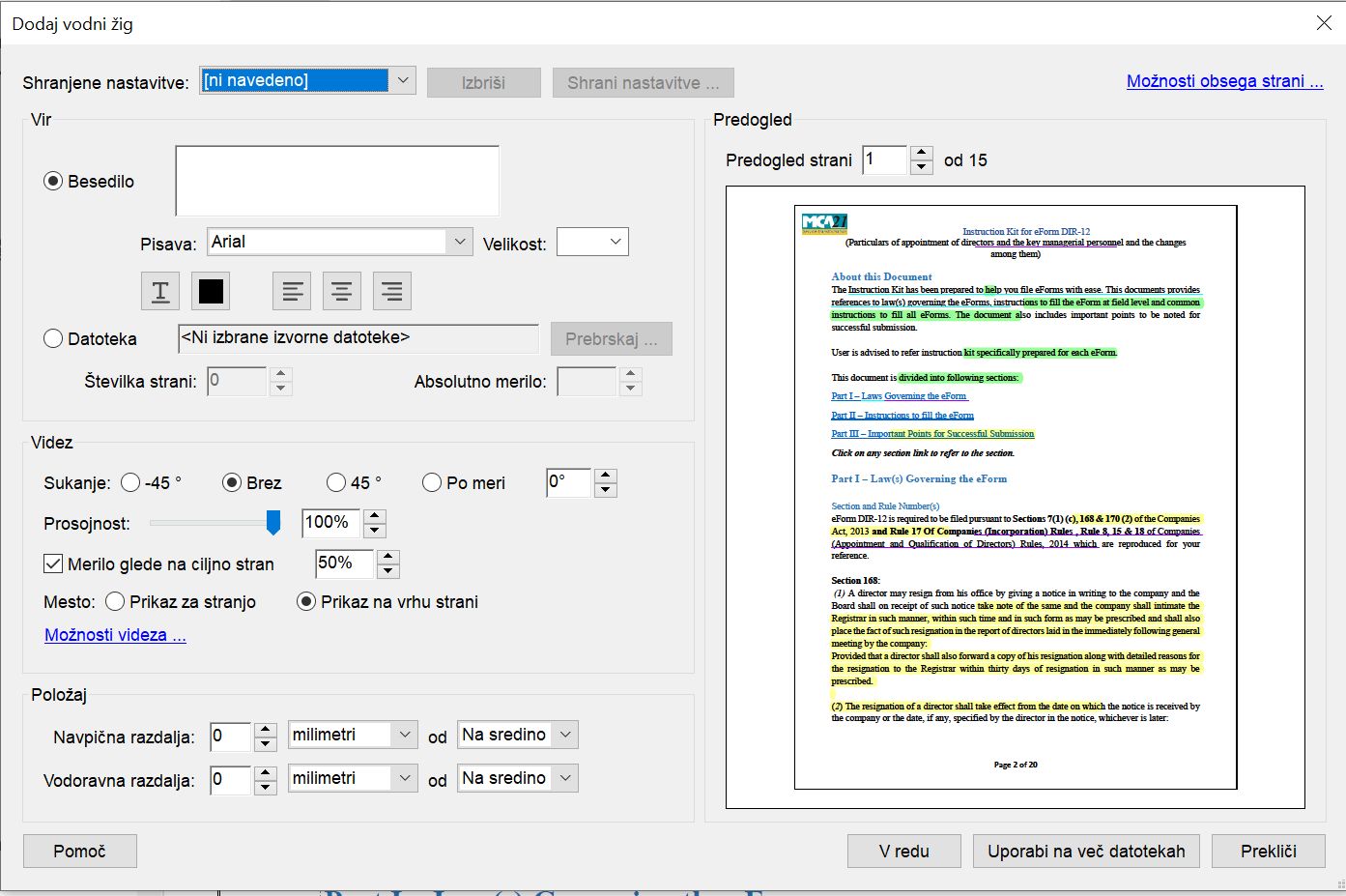 Okno z nastavitvami za dodajanje vodnega žiga