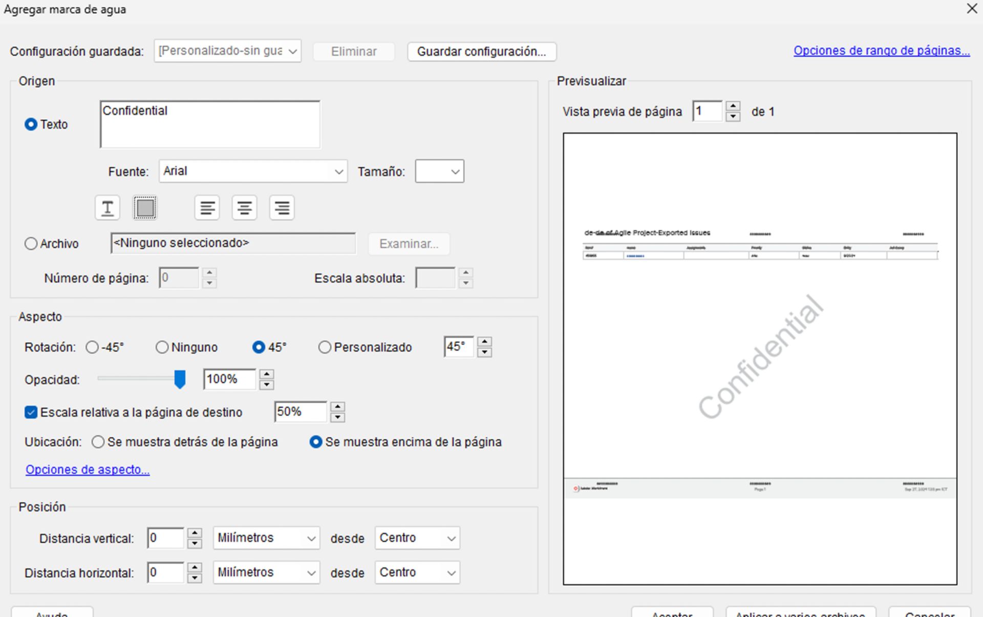 Ventana Añadir configuración de marca de agua