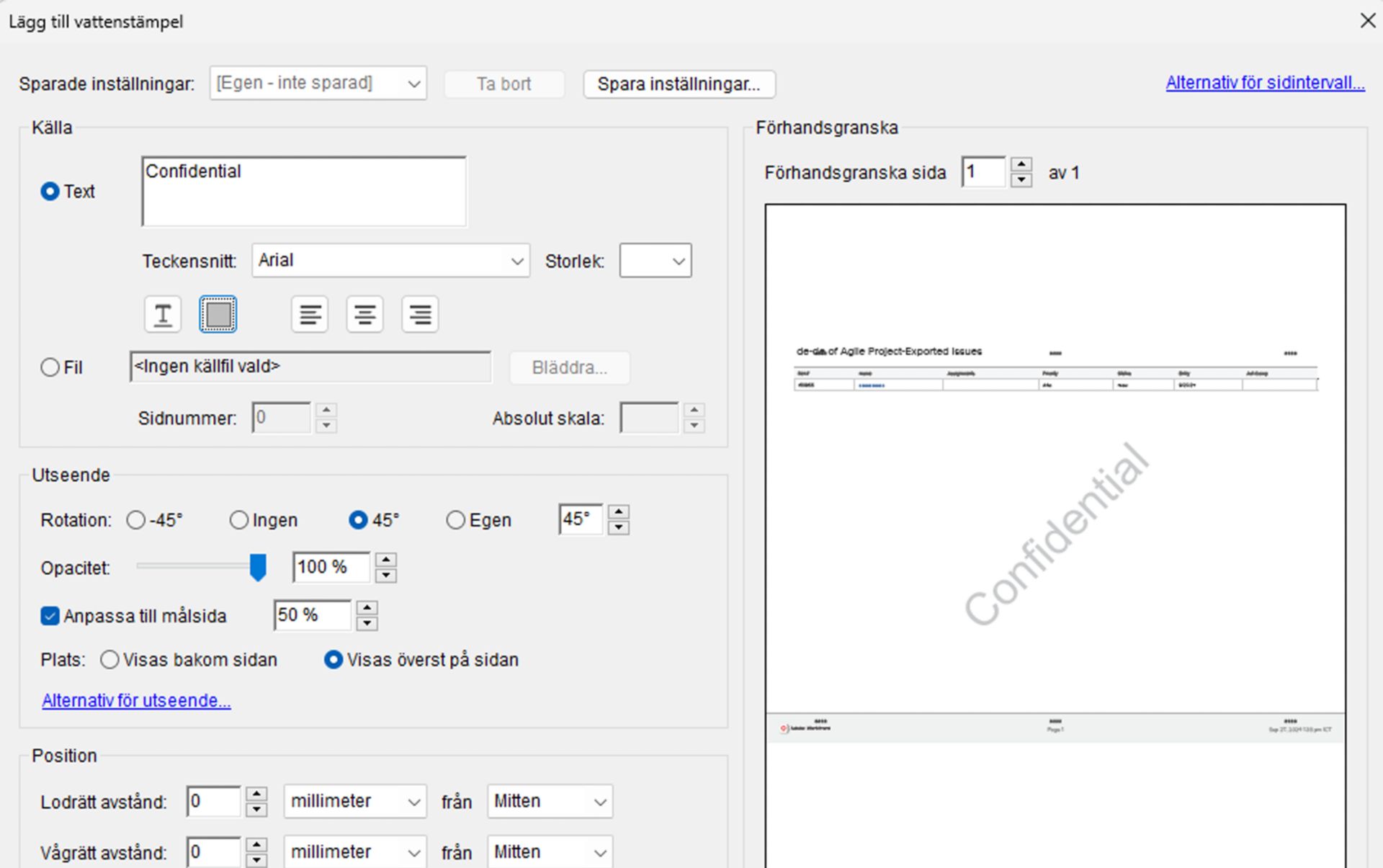 Fönstret Lägg till inställningar för vattenstämpel