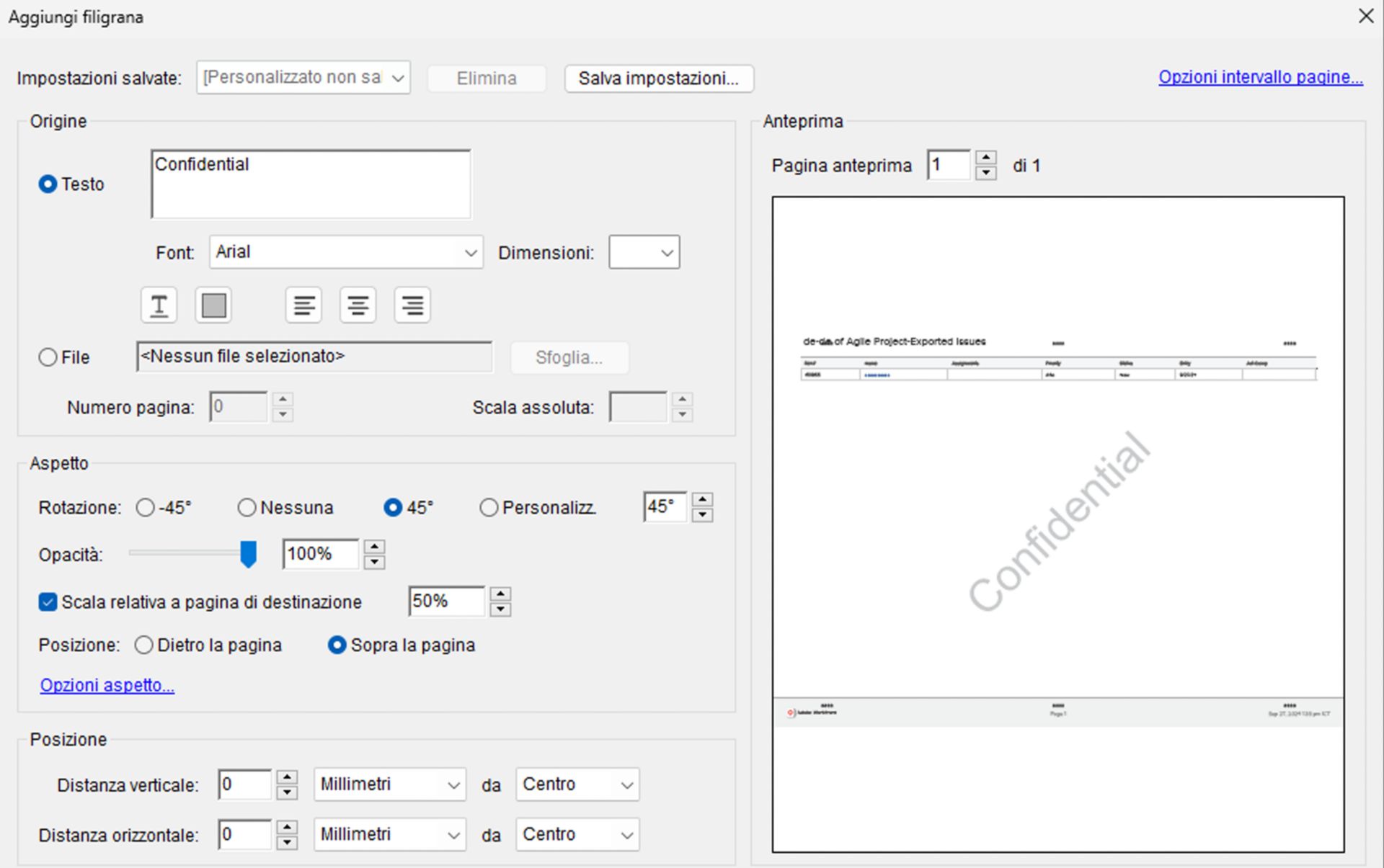 Finestra Aggiungi impostazioni filigrana