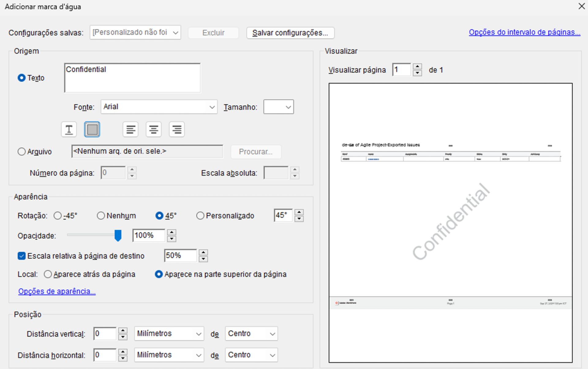 Janela de configurações Adicionar marca d'água