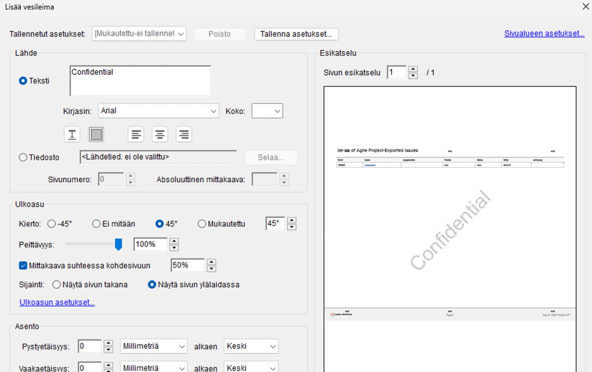 Lisää vesileima -asetusikkuna