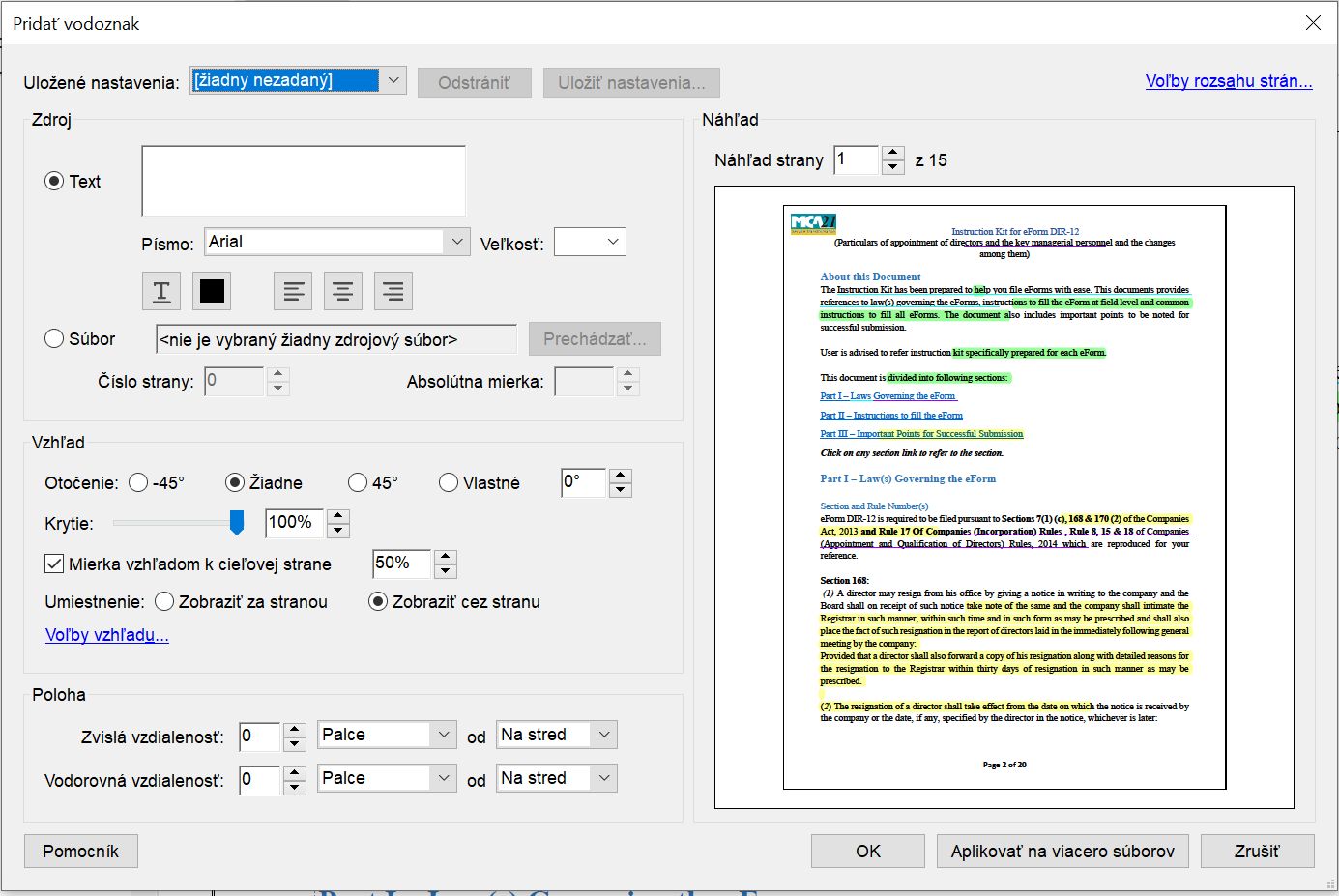 Okno nastavení Pridať vodoznaku