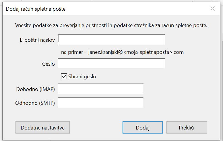 Dodajte podatke spletne pošte