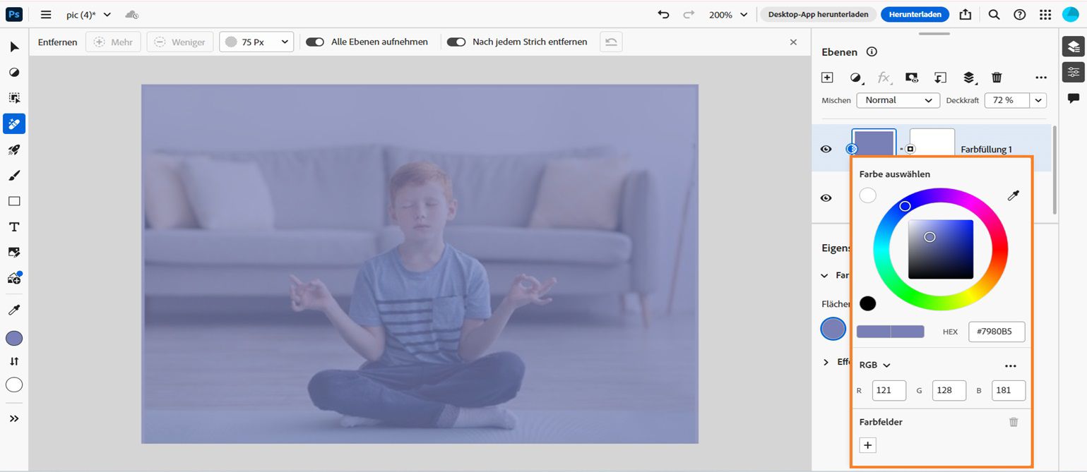Auf dem Startbildschirm der Web-Version von Photoshop wird eine über einem Bild hinzugefügte Farbflächen-Füllebene angezeigt. Der Cursor wird im Farbwähler positioniert, um die Farbe der Füllebene einzurichten.