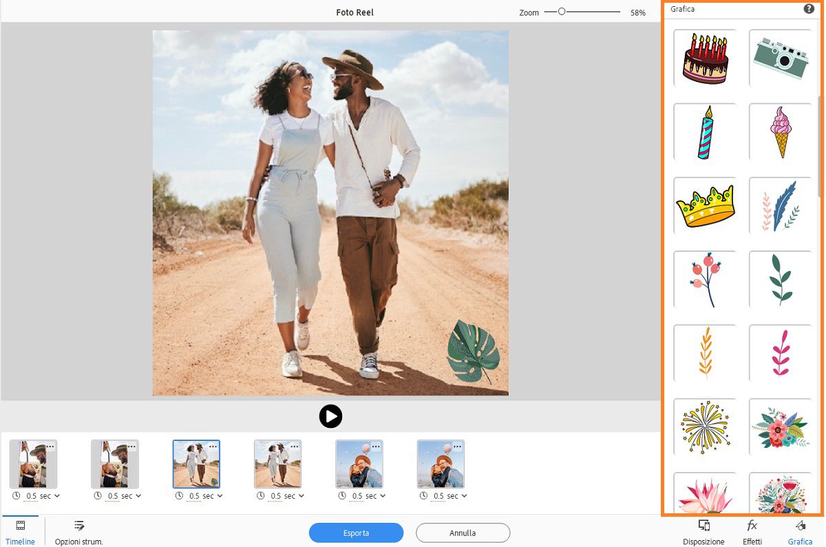 Aggiungete elementi grafici alle foto nel pannello Grafica.