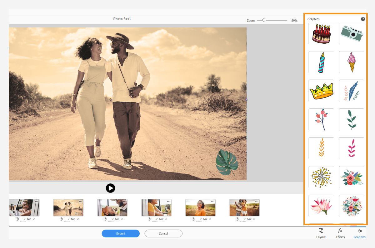Add graphics to your photos within the Graphics panel.