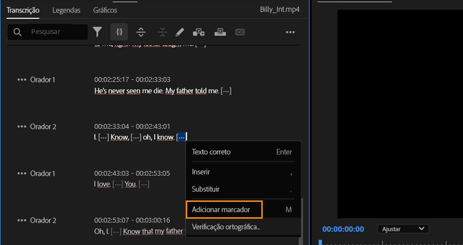  O painel Transcrição aberto com o texto realçado e a opção Adicionar marcadores selecionada no menu.
