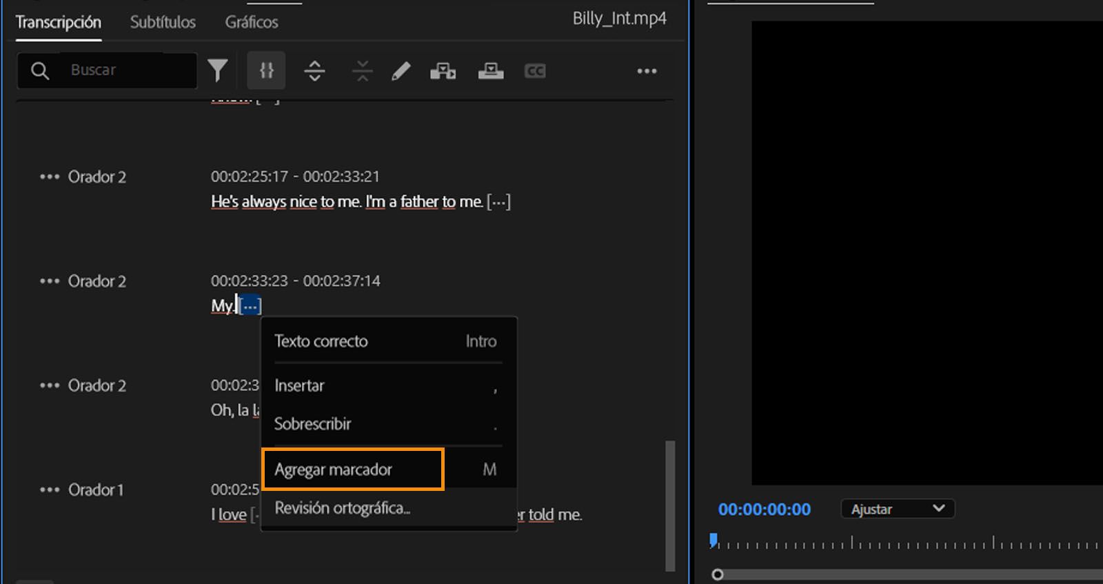  Se abre el panel Transcripción con el texto resaltado y se selecciona la opción Añadir marcadores del menú.