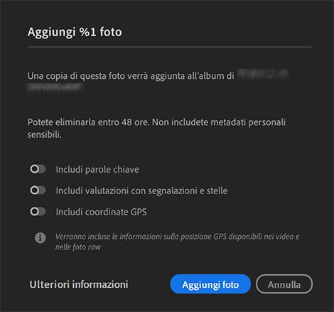 Finestra di dialogo Aggiungi foto