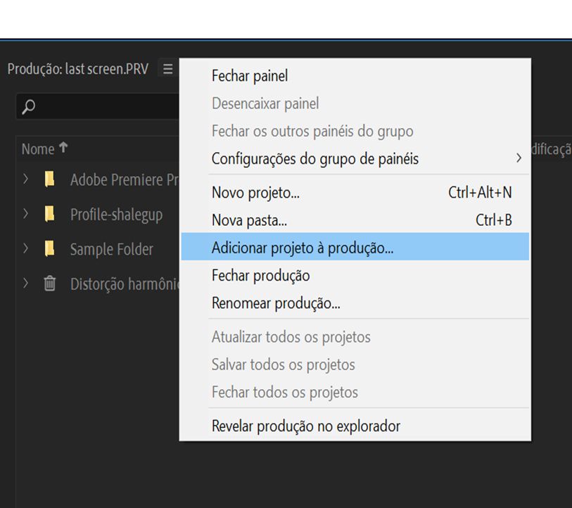 Adicionar um projeto existente a uma produção