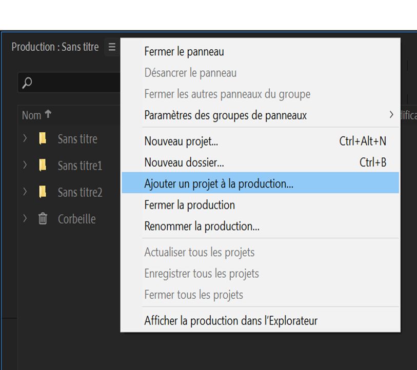 Ajout d’un projet existant à une production