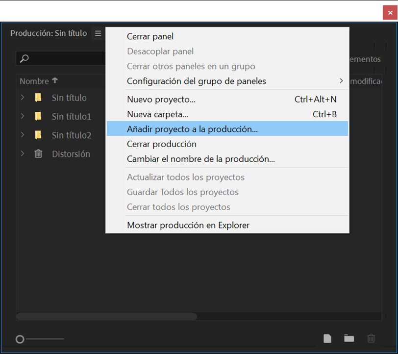 Adición de un proyecto existente a la producción
