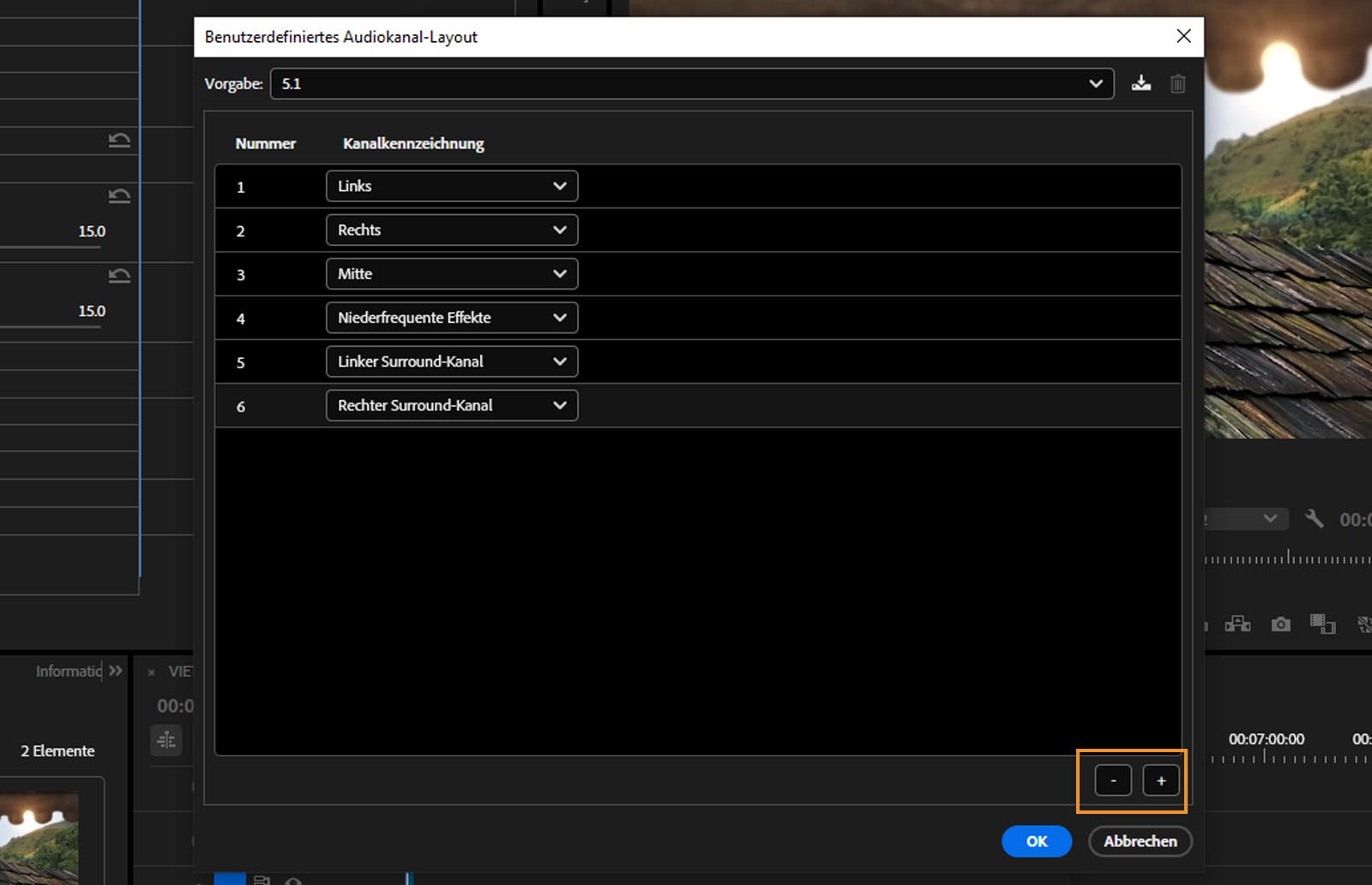 Das Dialogfeld „Benutzerdefiniertes Audiokanal-Layout“ ist mit verschiedenen Kanälen geöffnet und die Optionen zum Hinzufügen oder Entfernen von Kanälen sind hervorgehoben. 