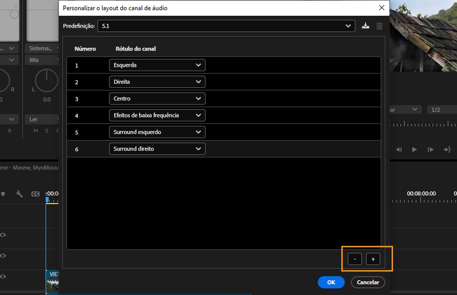 A caixa de diálogo “Layout do canal de áudio personalizado” aberta, exibindo vários canais, com as opções de adicionar ou remover canais realçadas. 