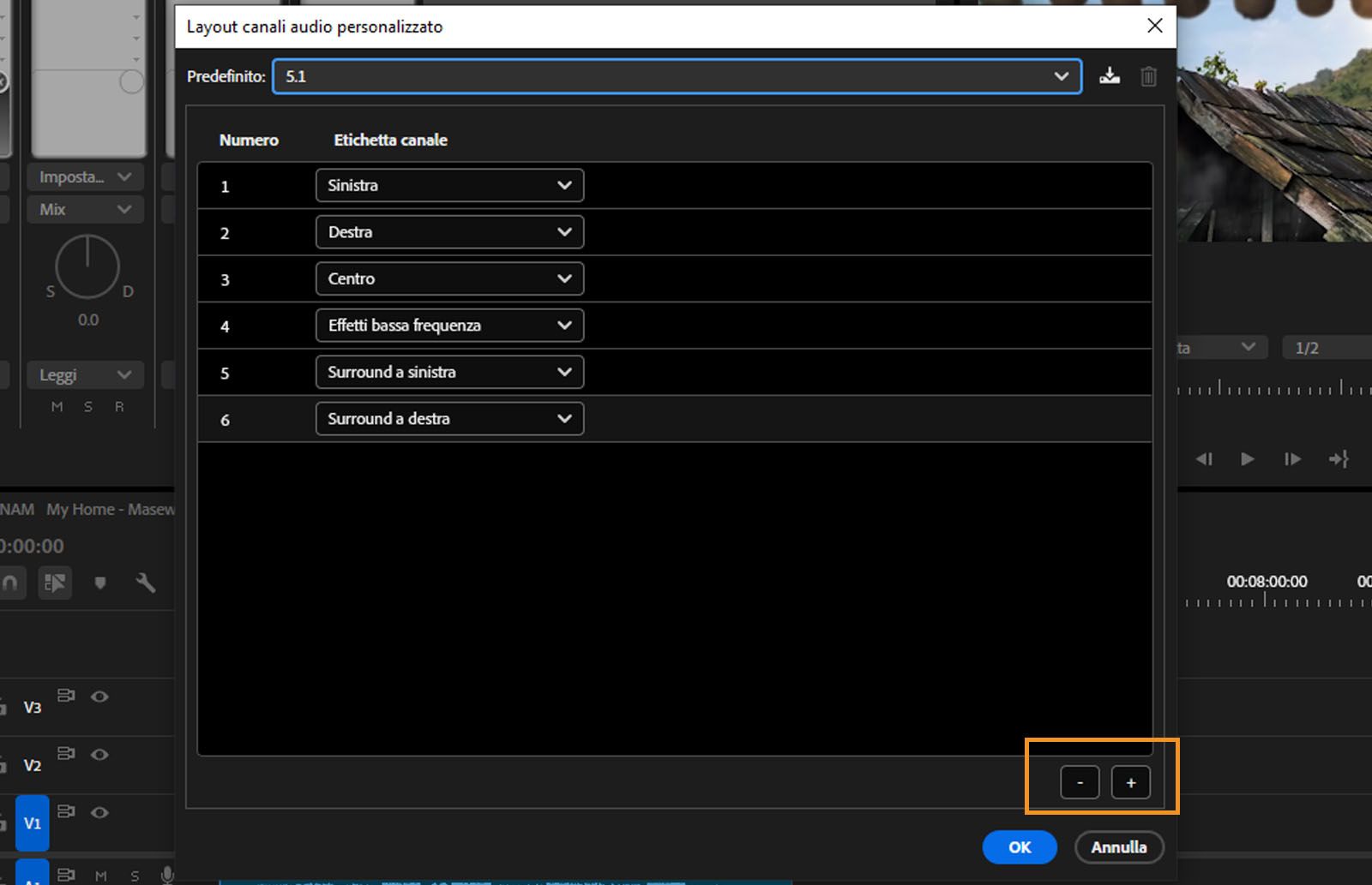 La finestra di dialogo Layout canale audio personalizzato è aperta e visualizza vari canali: le opzioni per aggiungerli o rimuoverli sono evidenziate. 