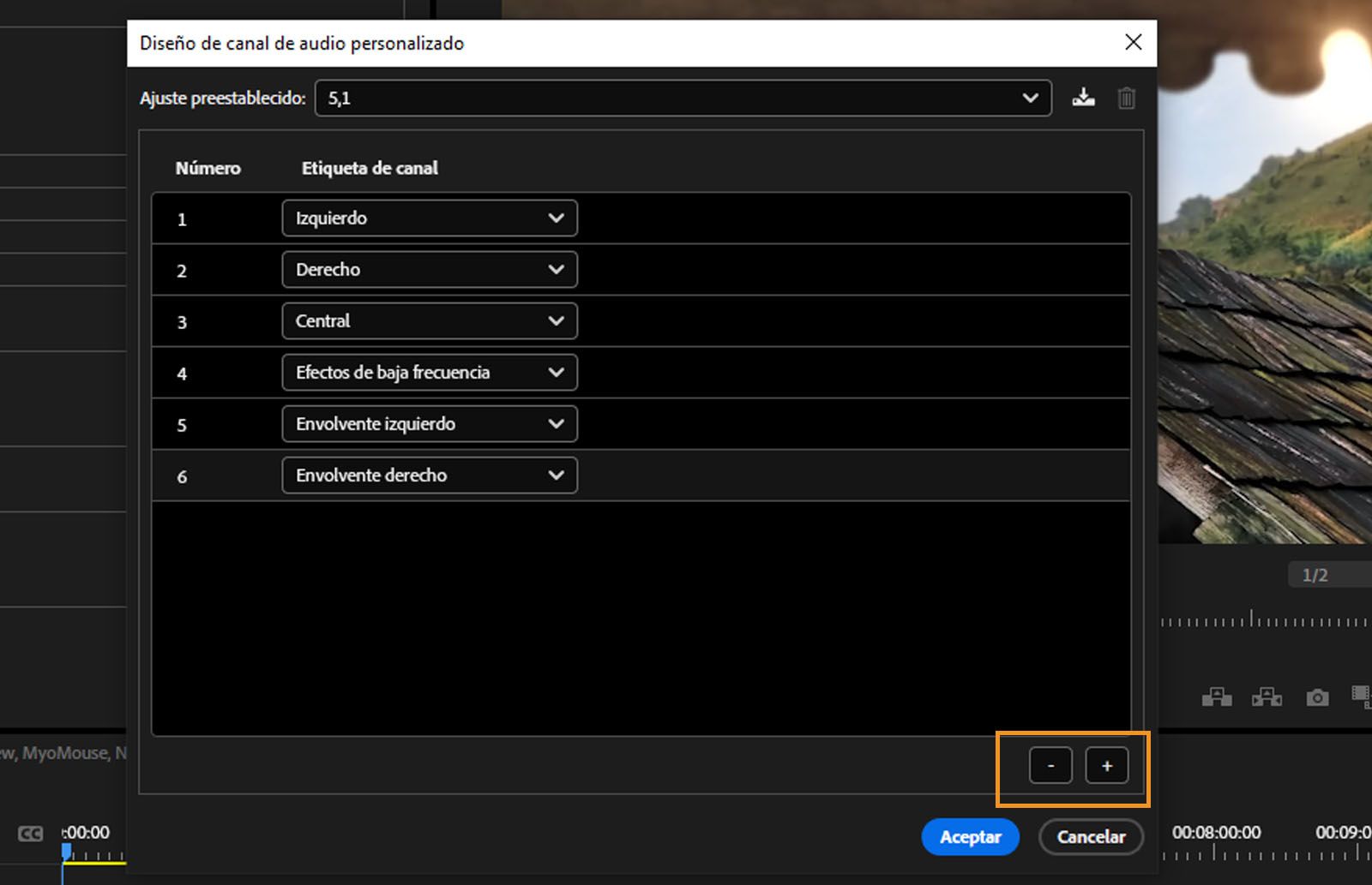 Se abre el cuadro de diálogo Diseño personalizado de canales de audio, que muestra varios canales, y se resaltan las opciones para añadir o quitar canales. 