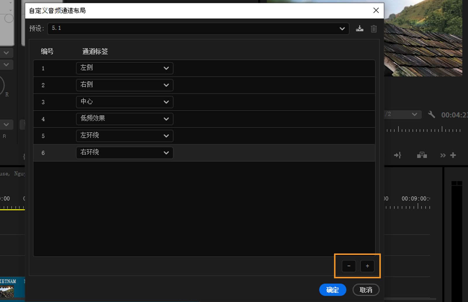 “自定义音频声道布局”对话框已打开，其中显示各种声道，并突出显示了用于添加或移除声道的选项。 
