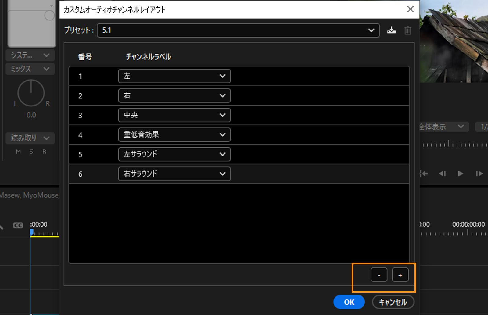 カスタムオーディオチャネルレイアウトダイアログが開き、様々なチャネルが表示され、チャネルを追加または削除するオプションがハイライト表示されます。 