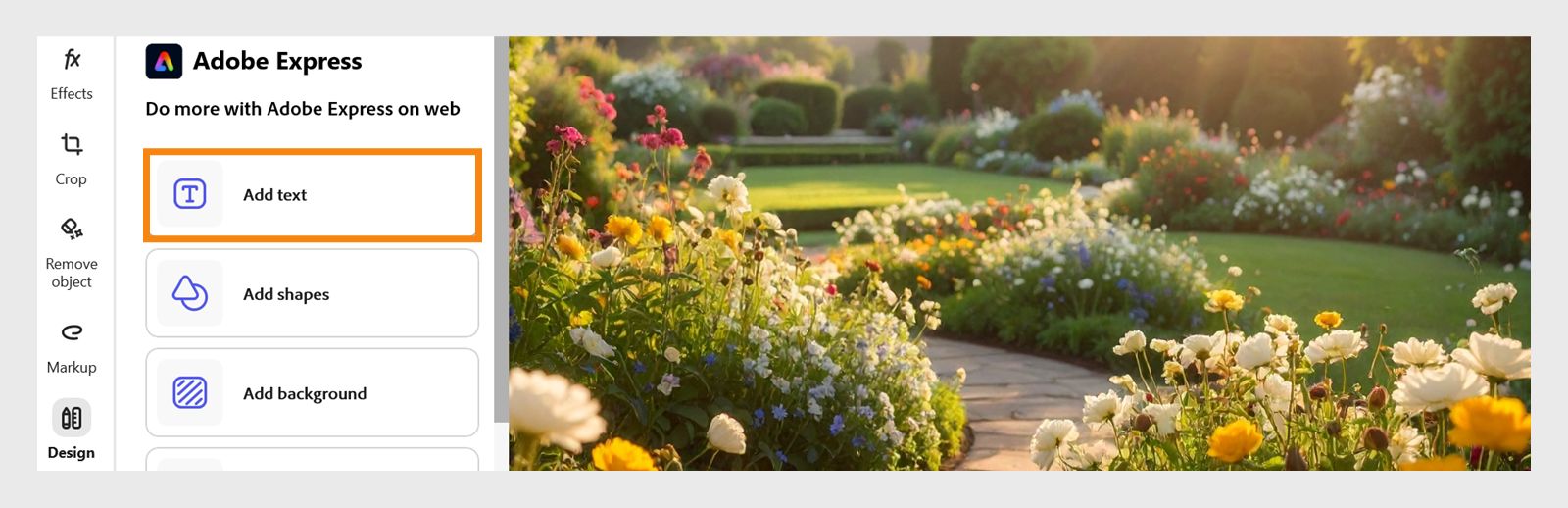 Interfejs programu Adobe Express pokazujący sekcję Projekt, z podświetloną opcją dodawania tekstu wraz z dodatkowymi opcjami dodawania kształtów i tła do edycji eksportowanego obrazu.